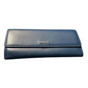 Bally Leather Blue Continental Trifold Wallet Genuine Leather Snap Closure
